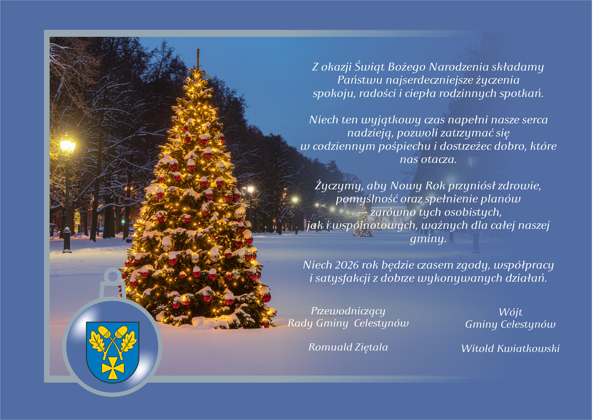 treść życzeń światecznych z grafiką przedstawiającą drzewko świąteczne